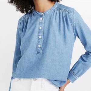 Madewell Chambray Shirred Popover Blouse Blue Color Sz L